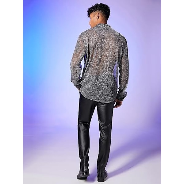 Menn's Gjennomsiktig Mesh Glitter Knapp-Front Langærmet Skjorte Topper L