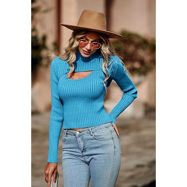 Dam 2-delad Utskuret Topp Långärmad Mock Neck Ribbstickad Vintertröja Blue M
