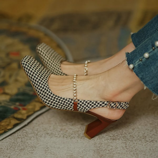 Kvinnors Slingback Sandaler med Kvadratisk Tå och Chunky Högklack 42