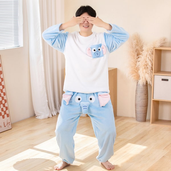 Valentinsdag Par-Elefant Pyjamassett, Søt Tredimensjonal Unisex Sett Blue Women M