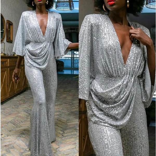 Sexy Jumpsuit til Kvinder med Paljetter, Dyb V-Udsnit og Stropper XL