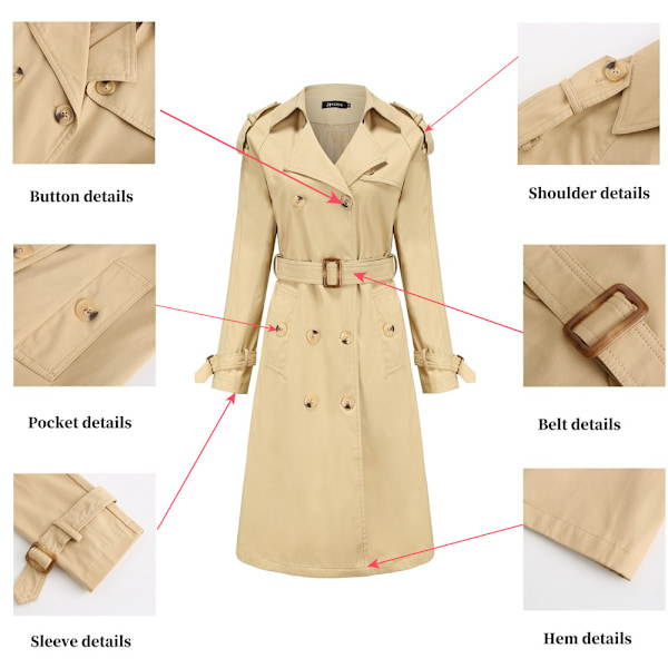 Dame Trenchcoat Lang Dobbeltbrystet Efterårsmode Klassisk Lapel Slank Overfrakke khaki XL