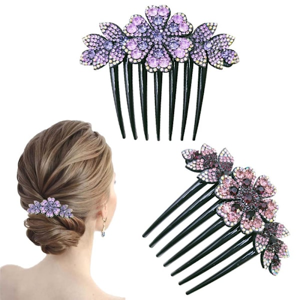 2 stk Vintage Blomster Hårside Kammer Klipp Rhinestone Hårkam for Kvinner