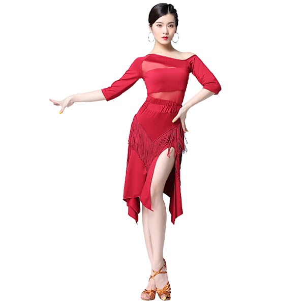 Naisten Latin Salsa Ballroom-tanssimekko Seksikäs Yläosa ja Sivuhaara Fringe-tanssihame Red M