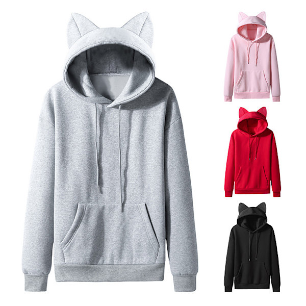 Damejakke med katteører, langærmet med hætte Grey 2XL