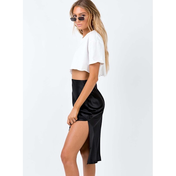 Satin Maxi-skjørt med høy midje og splitt på siden for kvinner - Elegant arbeidsantrekk Black XL