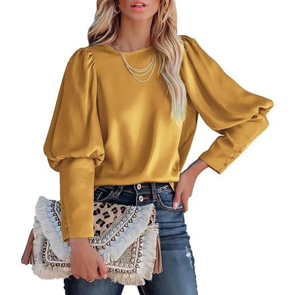Satinbluse med Puff-ermer for kvinner - Avslappet og løs topp Yellow M