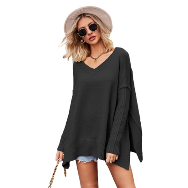Dametrøje med Høj Hals og Løstsittende Strik Black XL