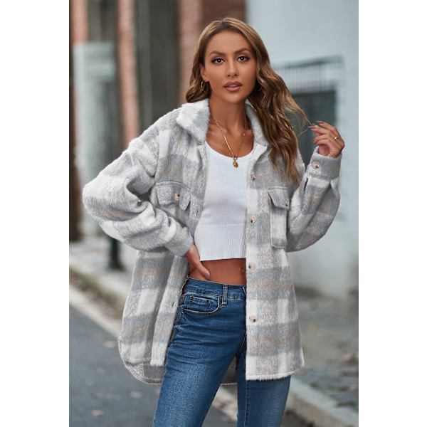 Dametøj Langærmet Casual Plaid Shacket Jakker Skjorter Lapel Tweed Peacoat Grey M