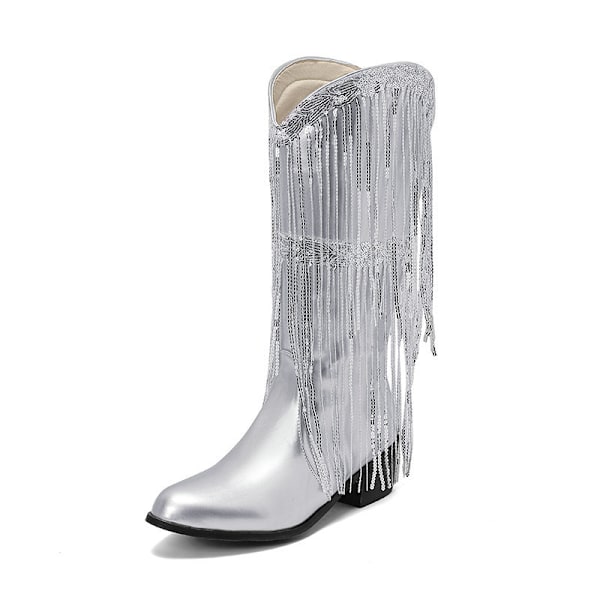 Naisten Fringe Metallic Cowboy-saappaat Silver 34