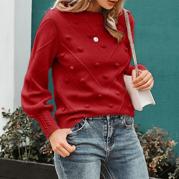 Långärmad stickad tröja för kvinnor med pompom-detalj Red M