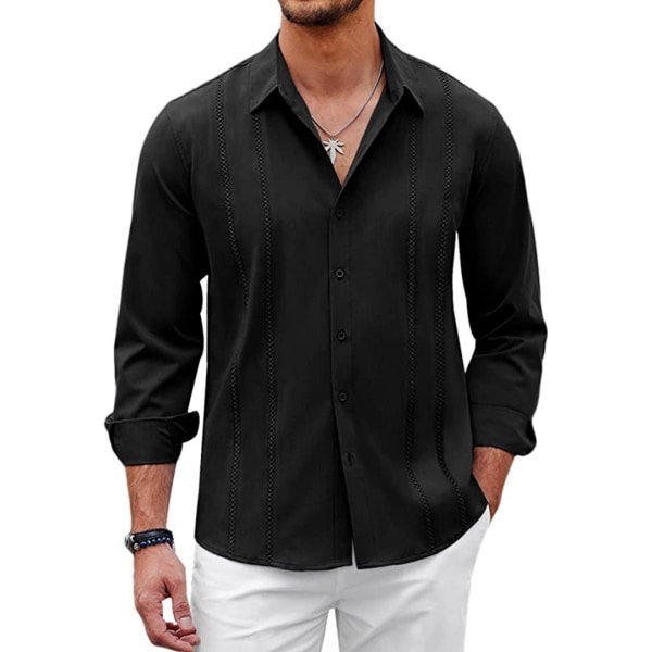 Herr kubanska Guayabera Casual Button Down strandlinneskjortor Black XS