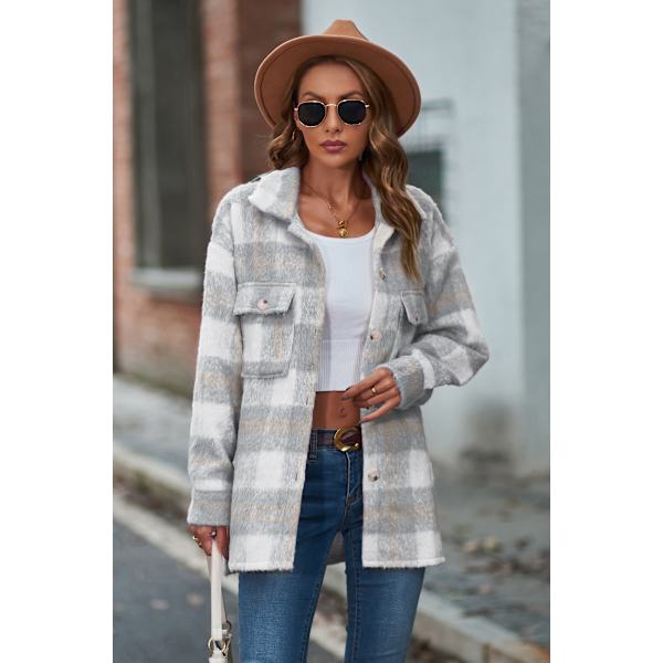 Dametøj Langærmet Casual Plaid Shacket Jakker Skjorter Lapel Tweed Peacoat Grey M