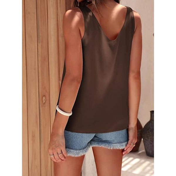 Naisten Silkki Satiini Tank Topit V-Kaula Casual Cami Hihaton Camisole Blousit Dark Brown S