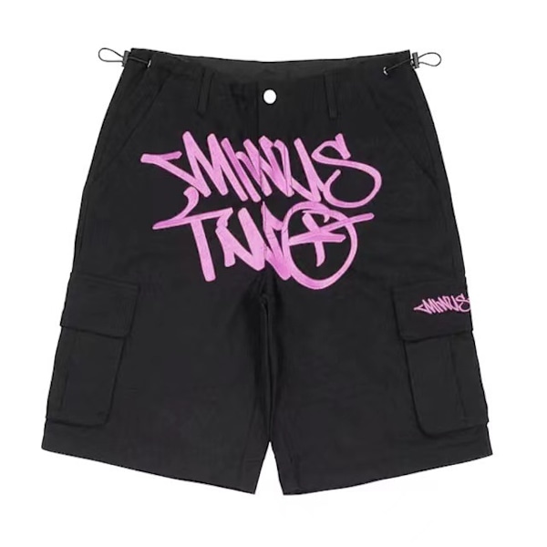 Herre Trenings Shorts med Bokstavgrafikk, Snøring og Lommer Black  Pink L