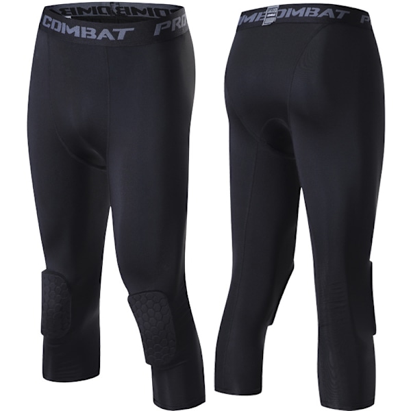Männs 3/4 Capri Basketbollbyxor med Knäskydd Vadderade Kompressionstights Black 3XL