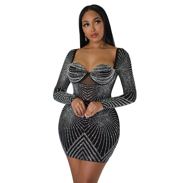 Kvinners Sekvens Mesh Ryggløs Mini Bodycon Kjole Elegant Glitter Festkjole XL