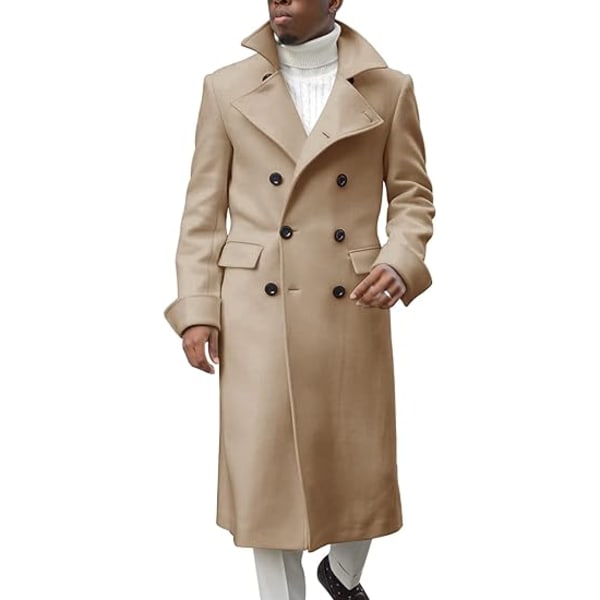 Herrar Dubbelknäppt Lång Trenchcoat med Hakspets Casual Bomullsblend Peacoat Khaki XL