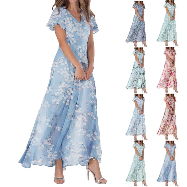 Dam Ledig Boho Blommig Tryckt V-ringad Klänning med Korta Ärmar color7-2 S
