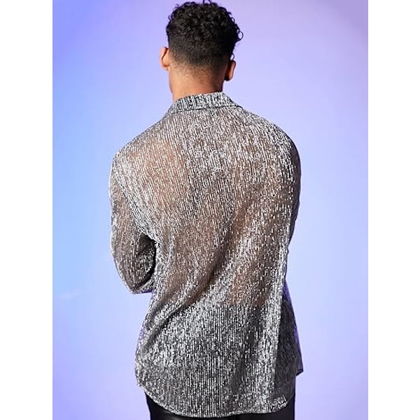 Menn's Gjennomsiktig Mesh Glitter Knapp-Front Langærmet Skjorte Topper M
