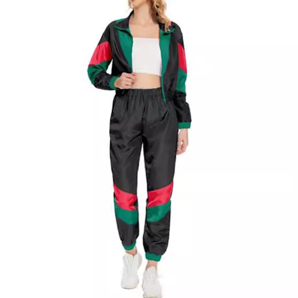 Färgglad 2-delad vindjacka för damer, långärmad crop top med dragkedja fram och träningsset Black M