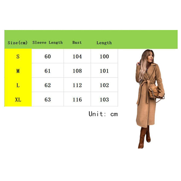 Klassisk lång kappa med bälte för kvinnor khaki L