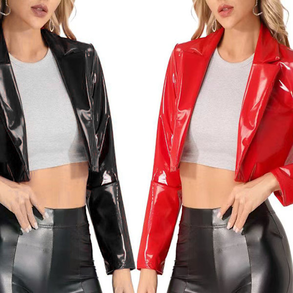 Läderjackor för damer med nedfälld krage, Punk Wet Look, Långärmade kappor red L