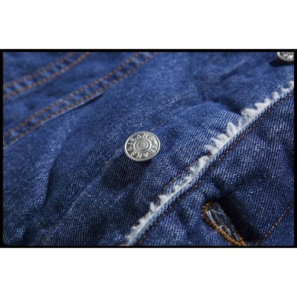 Mænds Lapel Sherpa Fleeceforet Tyk Denim Jean Trucker Jakke Frakker Dark Blue L