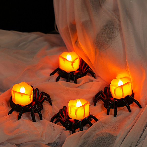 Uhæggelige edderkoppe fyrfadslys falske stearinlys til Halloween festdekorationer 4 Pcs