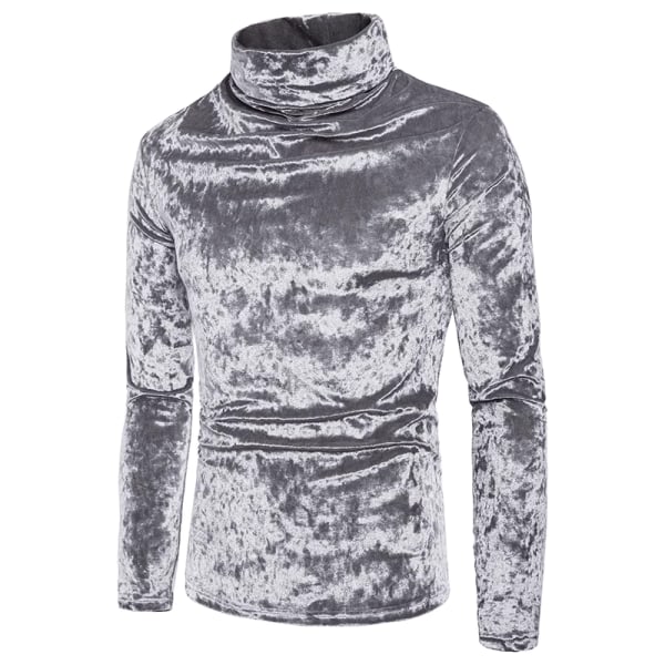 Herr sammet långärmade skjortor Turtleneck Slim Fit Top Silver XXL