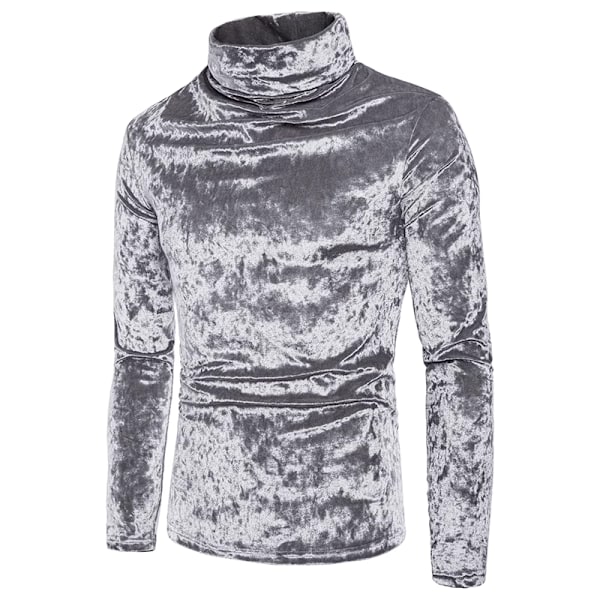 Herrar Sammet Långärmad Skjorta Turtleneck Slim Fit Topp Silver M