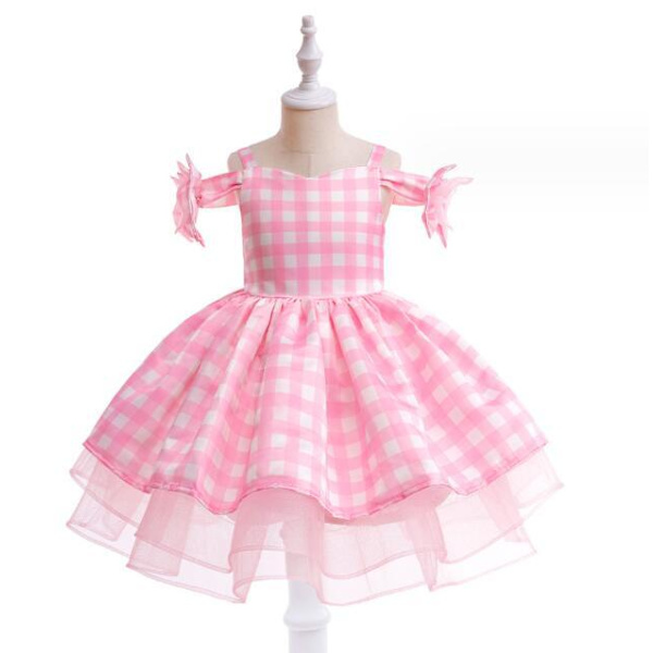 Flickors En-axlad Rosa Rutmönstrad Mesh Prinsessklänning 110CM