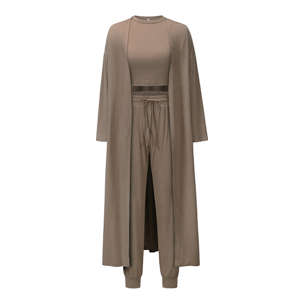 Dam Atletisk 3-Delars Set i Stickad Slim Fit med Enfärgad Design Khaki S