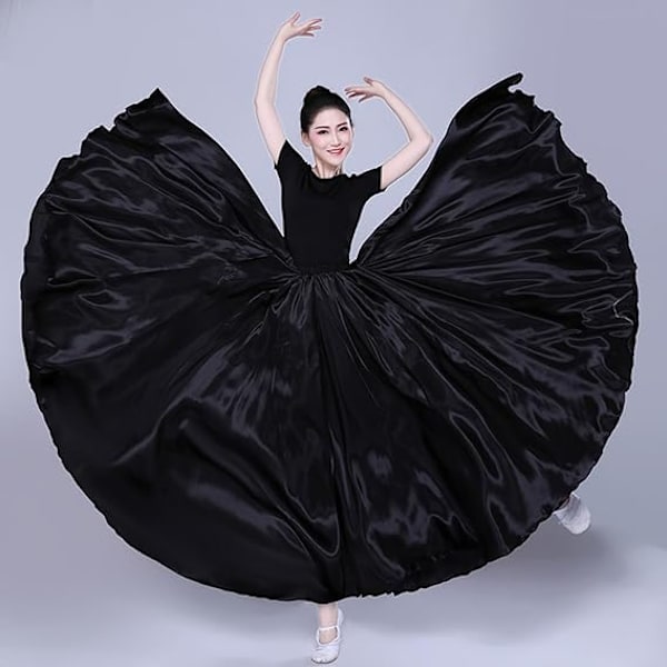 Dam Satin Full Cirkel Ankellång Swing Lång Kjol Magdansdräkt Black 80cm