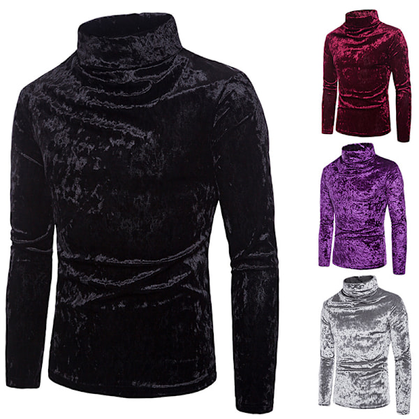 Herrar Sammet Långärmad Skjorta Turtleneck Slim Fit Topp Black M