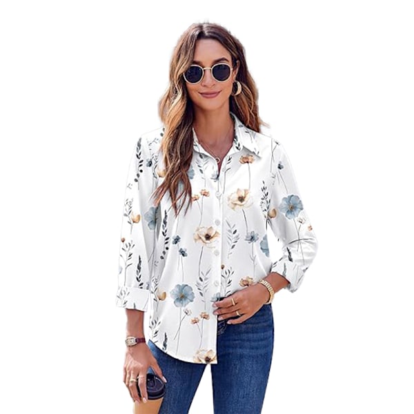 Dam Skjortor med Knappar Blommig Tryck Långärmad Vardaglig Topp White XL