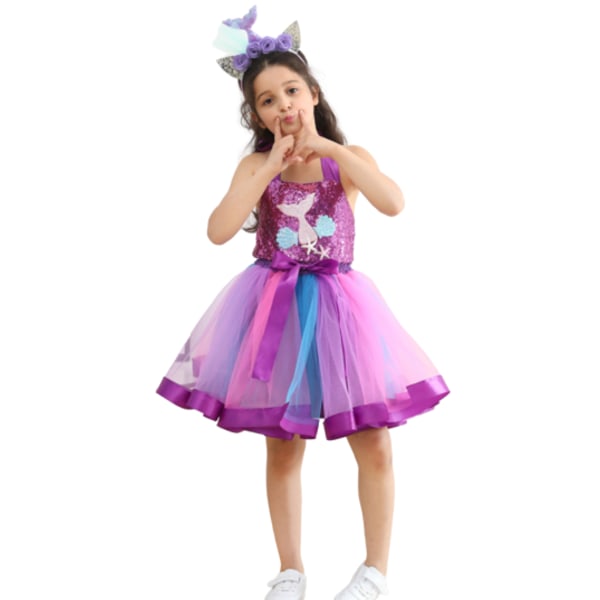Paljett flickklänning sjöjungfru blommig pösig klänning Purple 90-100CM