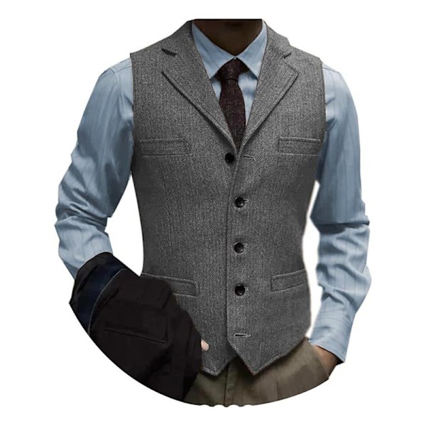 Herre Tweed Dress Vintage Vest Sildebensmønstret Ull Prom Vest Grey XL