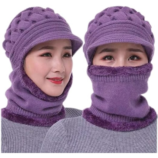 Fleece-vuorattu naisten pipo, talvihattu ja huivi-maskisarja Purple