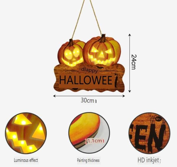 Halloween-dørskilt med gresskar og LED-lys 30*25*1.5CM