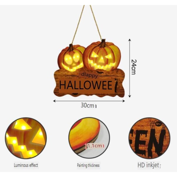 Halloween Pumpa Dörrskylt Med LED-Ljus 30*25*1.5CM