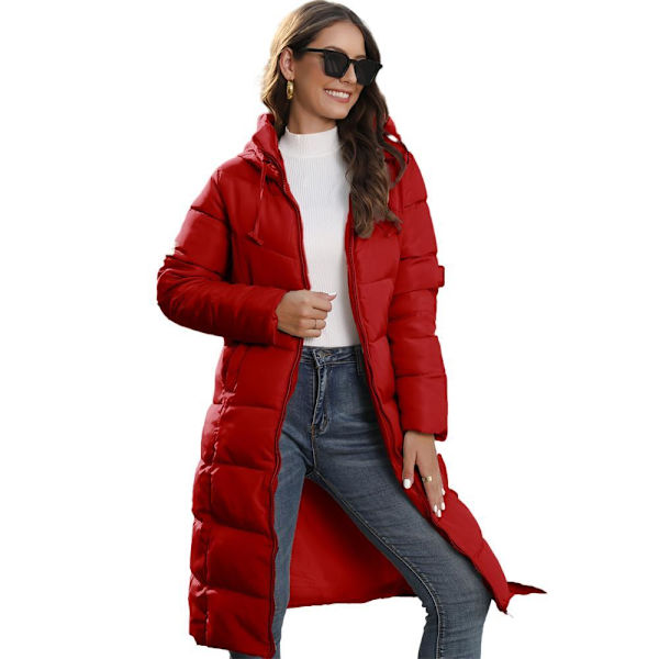 Varm Tyk Parka Jakke til Kvinder - Vinterdunjakke med Hue Red L