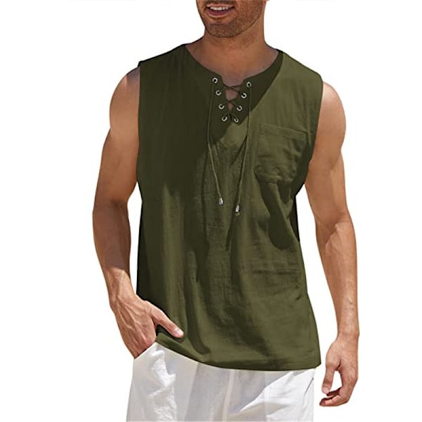 Herre Bomuld Linned Tank Top Skjorter Afslappet Ærmeløs Snøre Toppe army green 4XL