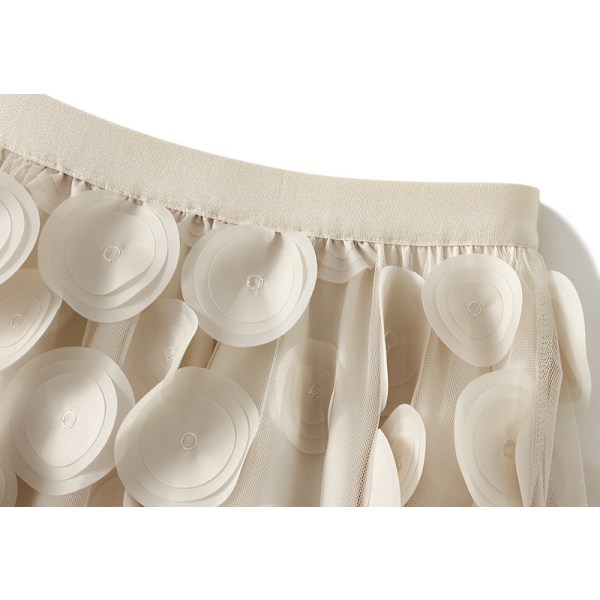 Dame Tyll Midi Skjørt 3D Polkadot Mesh Skjørt A-Linje Beige