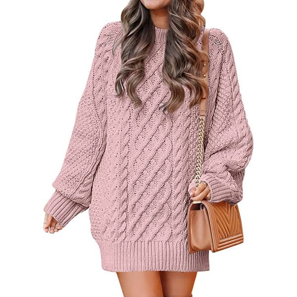 Dame Rund Hals Langermet Genser Kabelstrikket Casual Løs Passform Pullover Høst Vinter Gensere Pink M