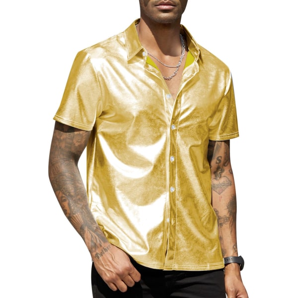 Sommarskjortor herr Kortärmade glänsande metalliska skjortor yellow S