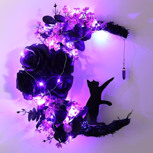 Halloween Halvmånekrans med Lys, Svart Måneblomst og Kattkrans Style 2