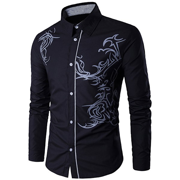 Herrar Tryckt Knapp-Ner Skjorta Långärmad Casual Skjorta black XL