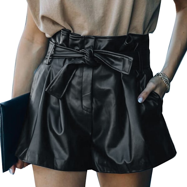 Faux Läder Shorts Hög Midja Vidsben med Fickor för Kvinnor M