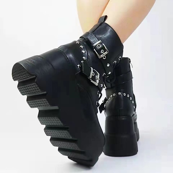 Kvinnors Platform Boots Punk Lace Up Combat Boots 42